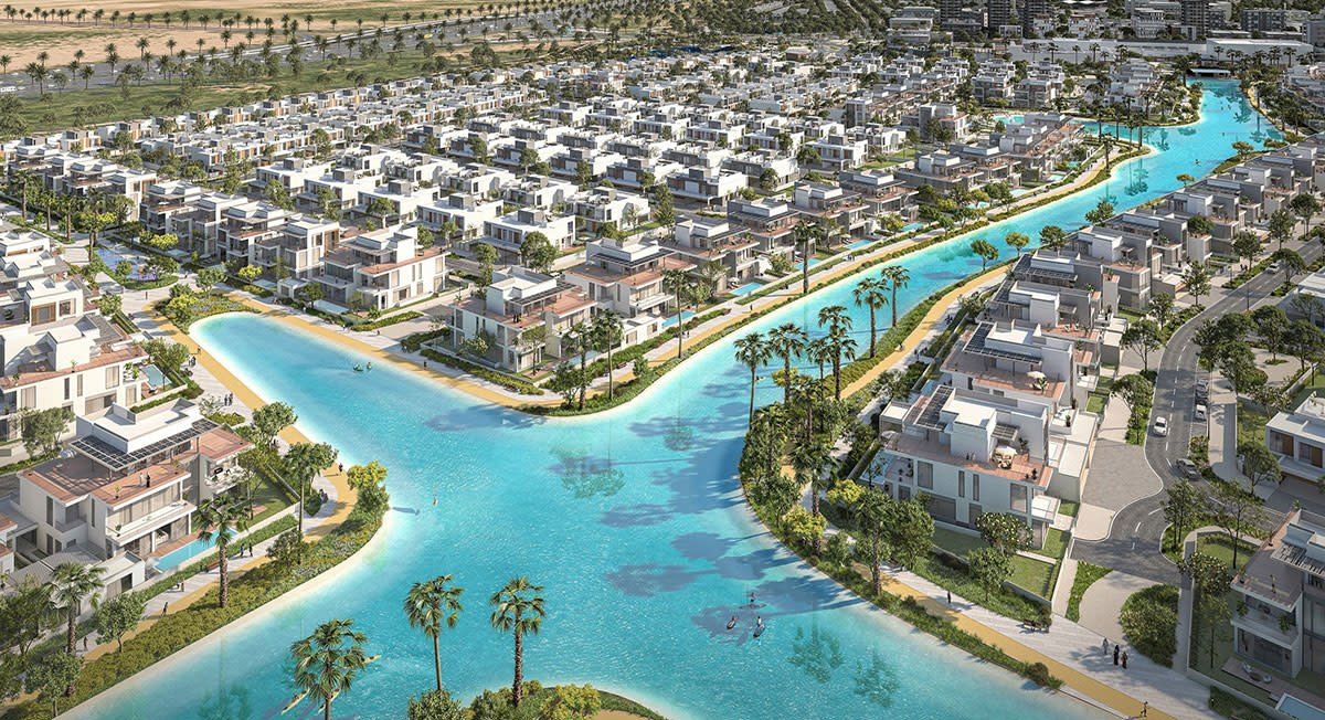 The lagoon running between villas, seen from above