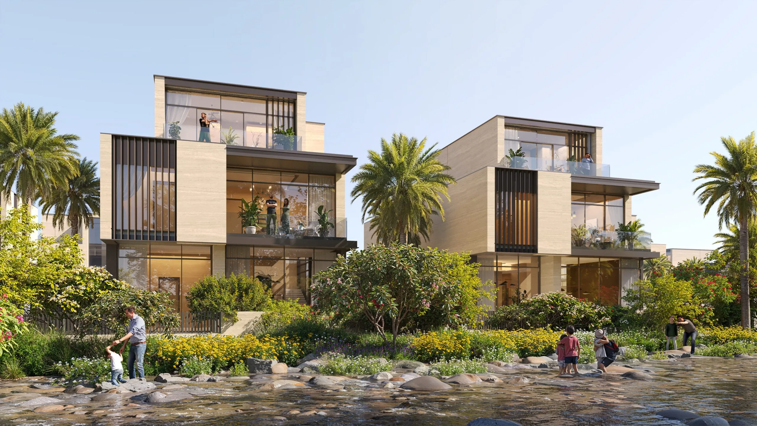 Waada villas beside a landscaped waterway