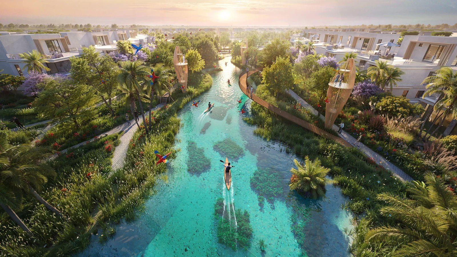Lagoon channel between homes at sunrise