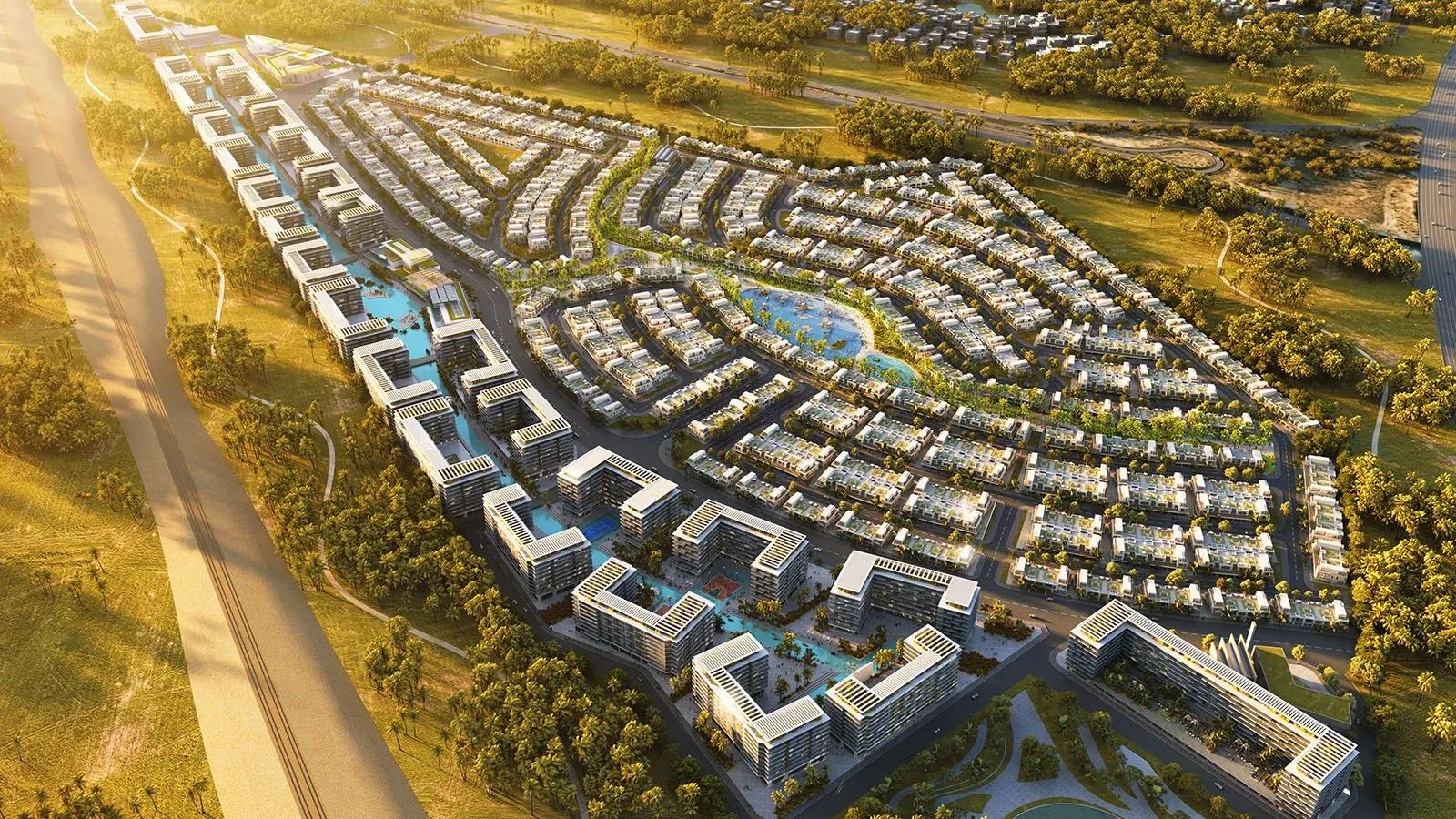 The community seen from above at sunset